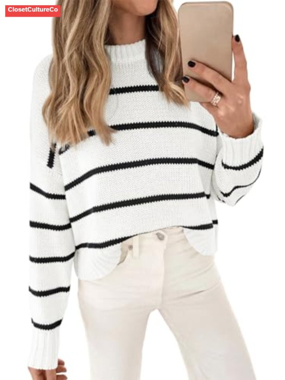 Cropped Striped Pullover Sweater Crew Neck Fitted Cotton Knit